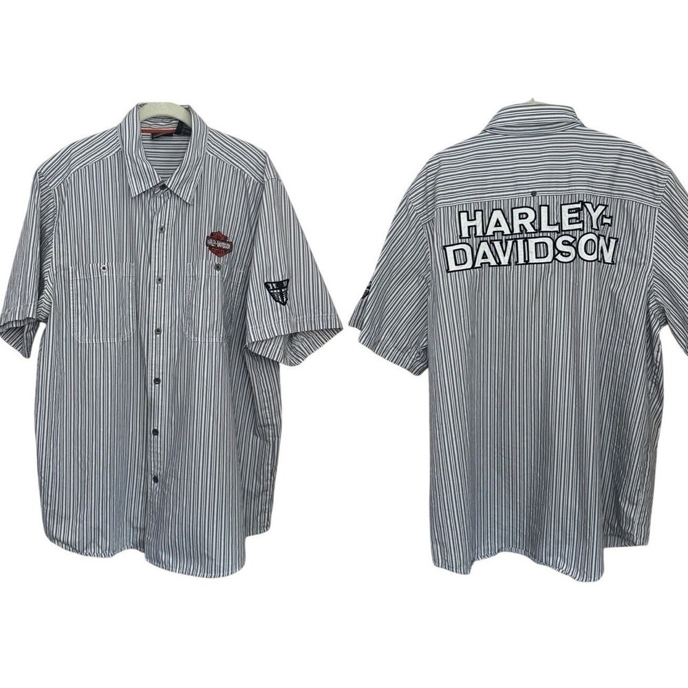 Harley‎ Davidson Men's Black White Striped Button-Down Shirt Embroidered XL